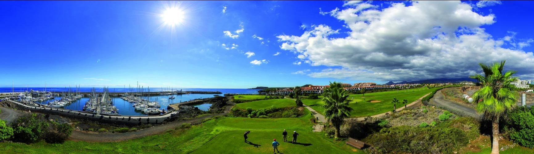 Beautiful wide-angle view of Amarilla golf course on Tenerife